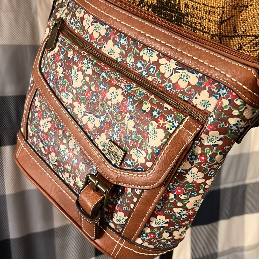 boc Floral Print Brown Leather-Trim Shoulder Bag